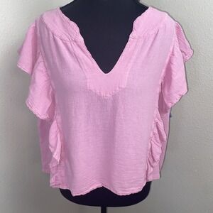 Oh My Gauze! Crop Top Women's 2 Pink Crinkle Gauze Ruffle Lagenlook Boho Artsy